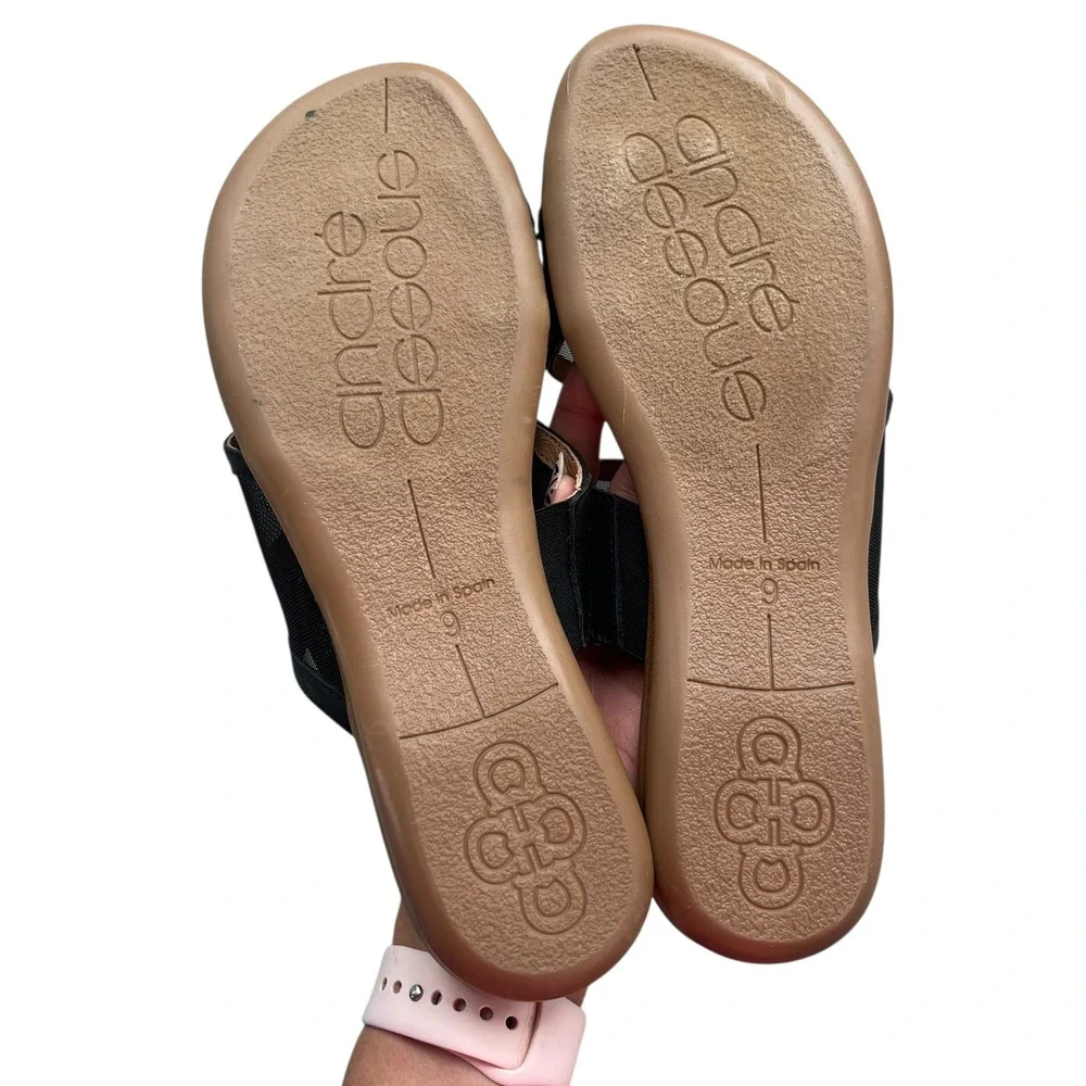 Andre Assous 9 Black Mesh Straps Leather Footbed Nina Flat Sandals Slip On Spain